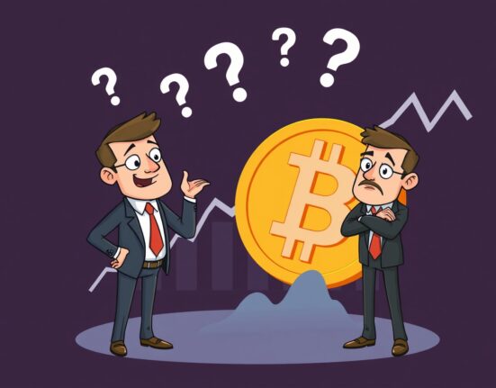 Cartoon debate over volatile Bitcoin predictions between two business figures.