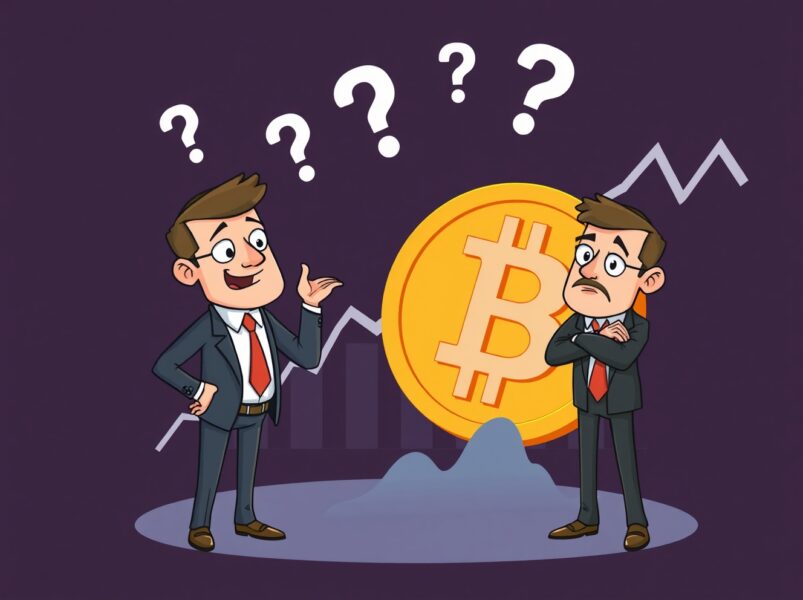 Cartoon debate over volatile Bitcoin predictions between two business figures.