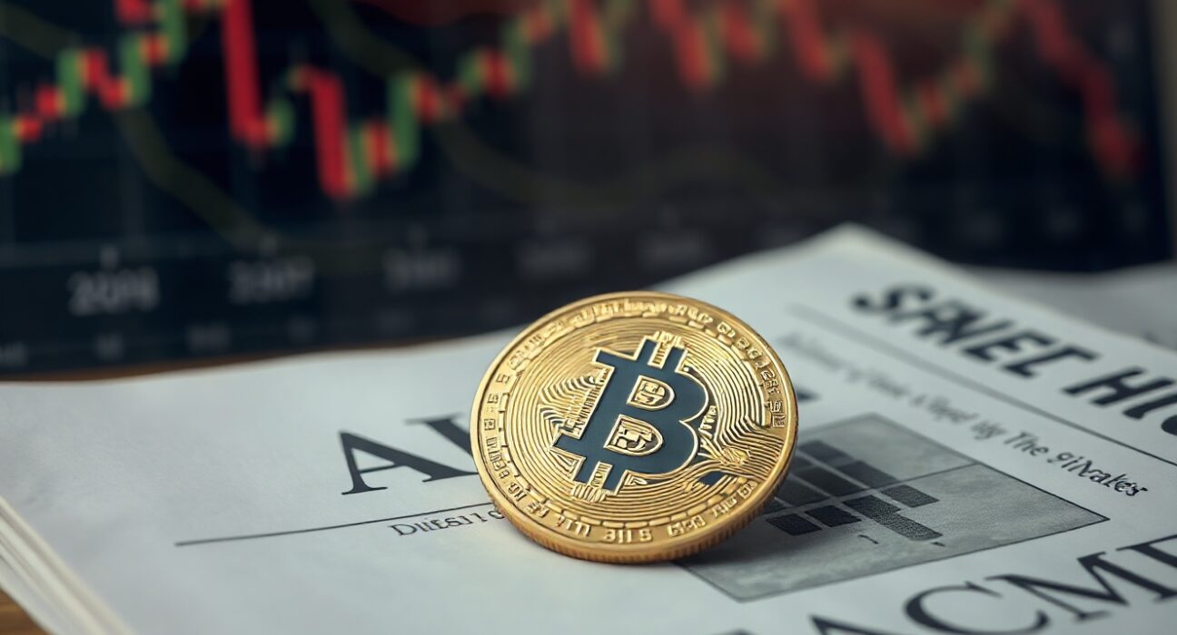 Bitcoin coin on a financial newspaper with stock charts in background