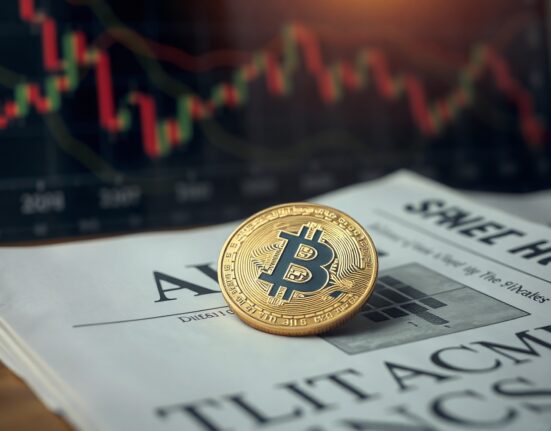 Bitcoin coin on a financial newspaper with stock charts in background