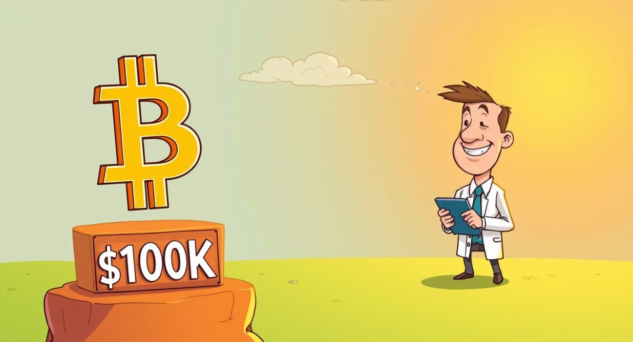 An illustration depicting the Bitcoin price confidently holding above a $100K threshold, reflecting Standard Chartered's optimistic forecast.