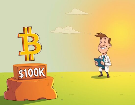 An illustration depicting the Bitcoin price confidently holding above a $100K threshold, reflecting Standard Chartered's optimistic forecast.