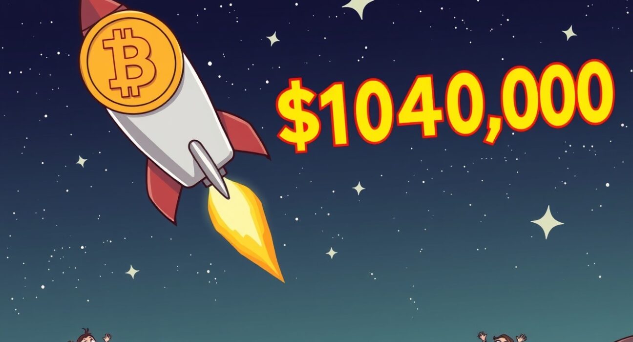 Cartoon illustration of a Bitcoin rocket soaring past $104,000, symbolizing the incredible Bitcoin price surge and market excitement.