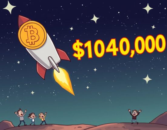 Cartoon illustration of a Bitcoin rocket soaring past $104,000, symbolizing the incredible Bitcoin price surge and market excitement.