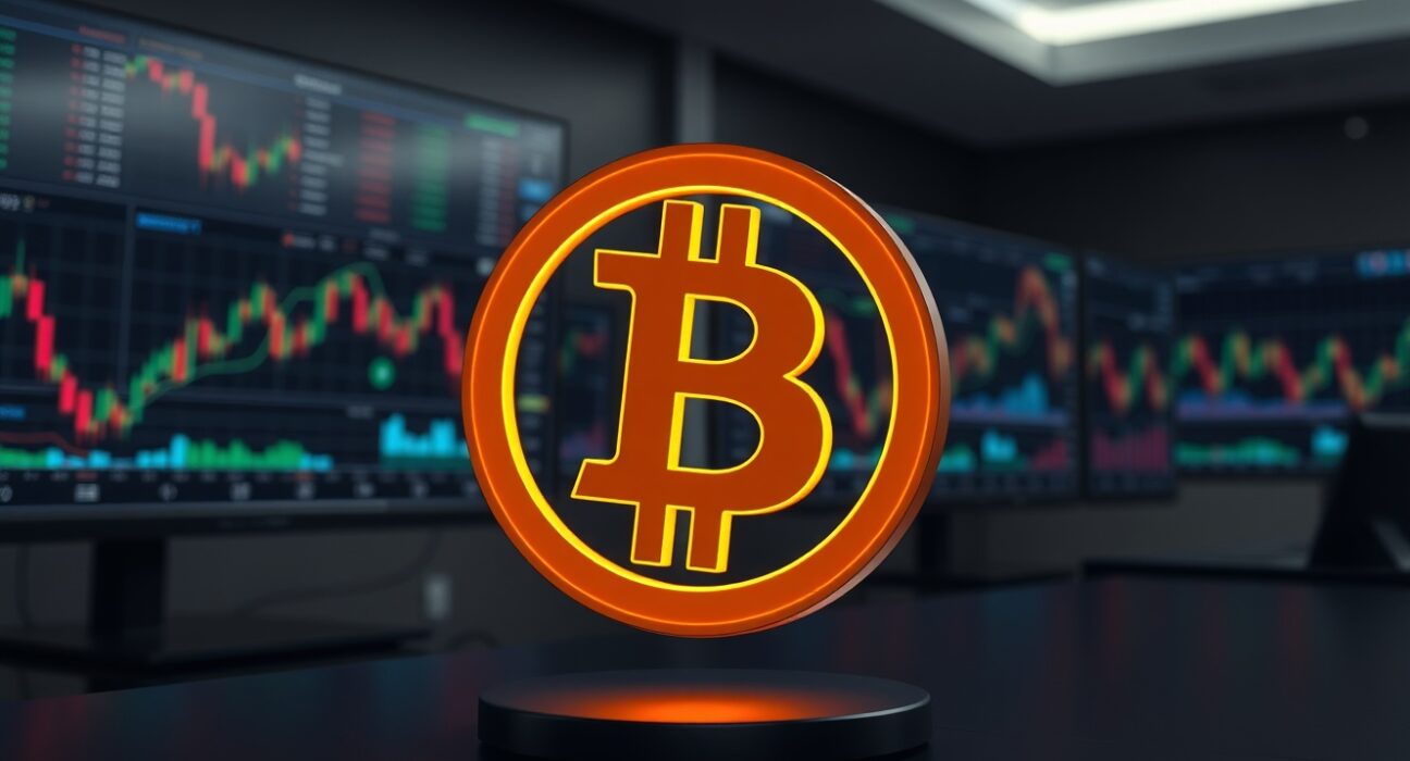 Bitcoin symbol representing its historic price surge above seventy-five thousand dollars in financial markets.