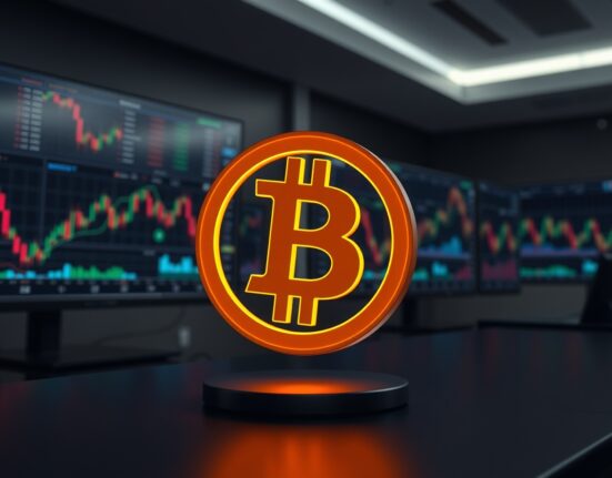 Bitcoin symbol representing its historic price surge above seventy-five thousand dollars in financial markets.