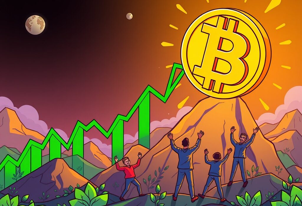 Cartoon illustration showing Bitcoin price soaring above $116,000, representing significant growth in the crypto market.