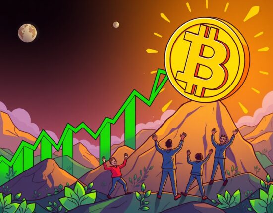Cartoon illustration showing Bitcoin price soaring above $116,000, representing significant growth in the crypto market.