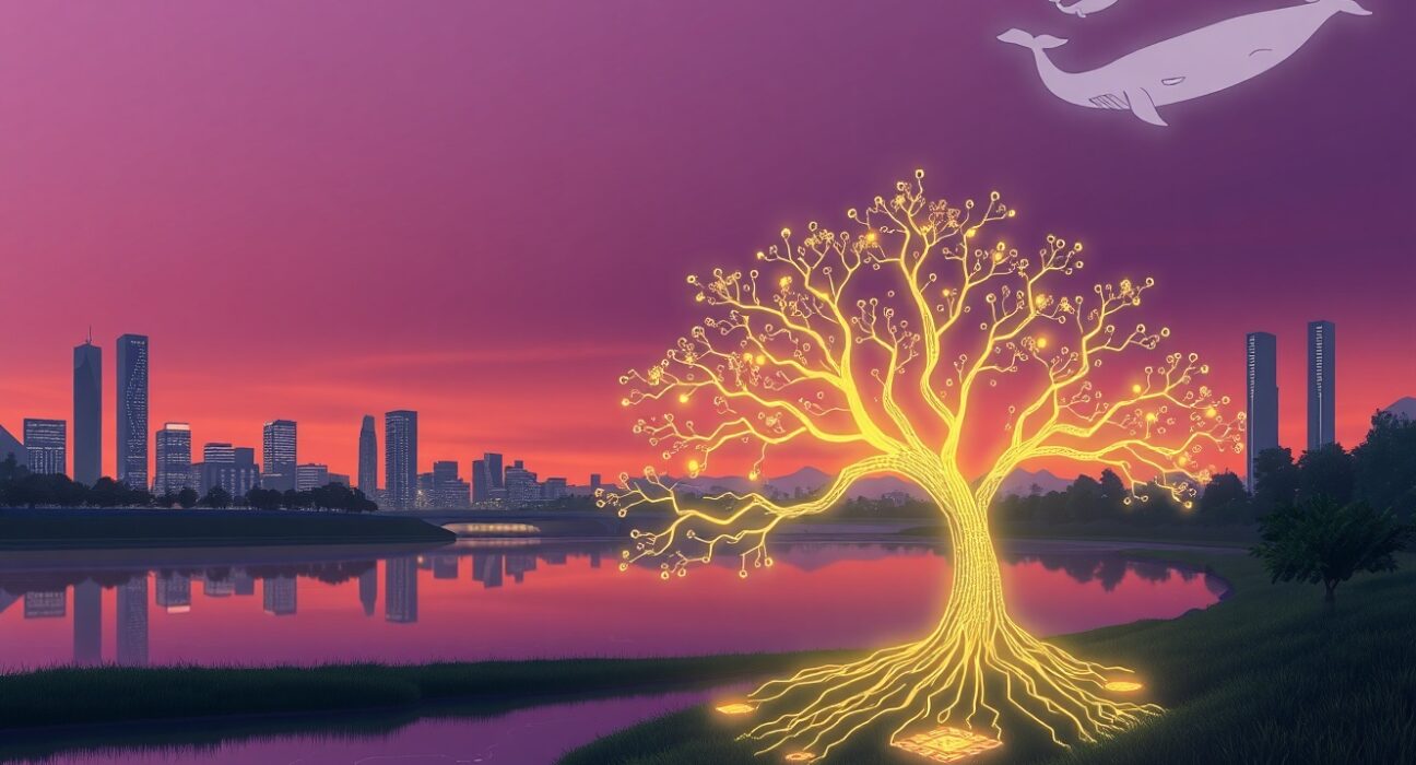 Conceptual Ghibli-style art visualizing AI-driven deflation and Bitcoin's potential future growth within a digital ecosystem.