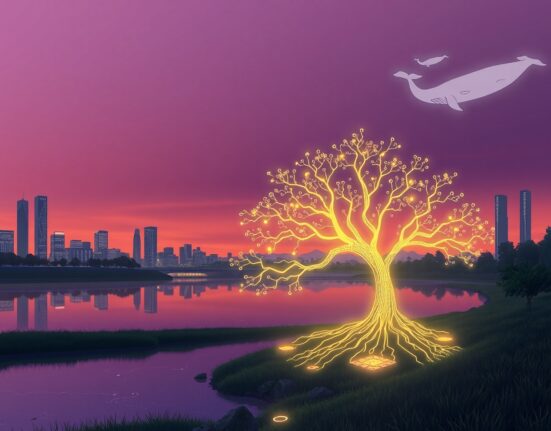 Conceptual Ghibli-style art visualizing AI-driven deflation and Bitcoin's potential future growth within a digital ecosystem.