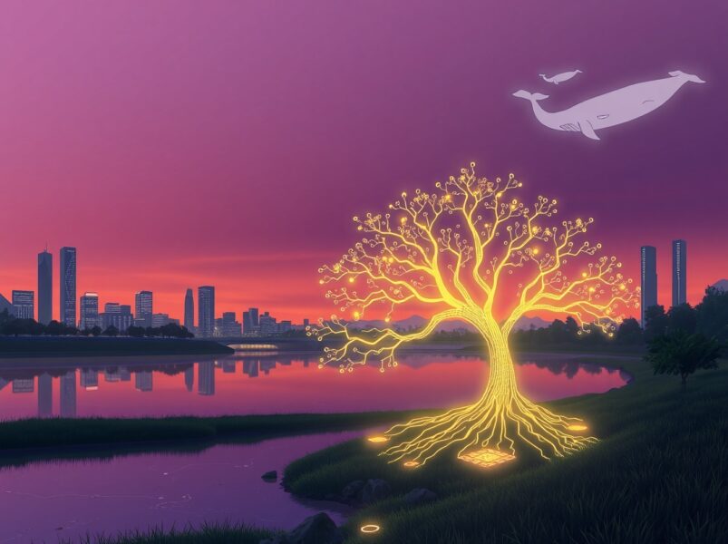 Conceptual Ghibli-style art visualizing AI-driven deflation and Bitcoin's potential future growth within a digital ecosystem.