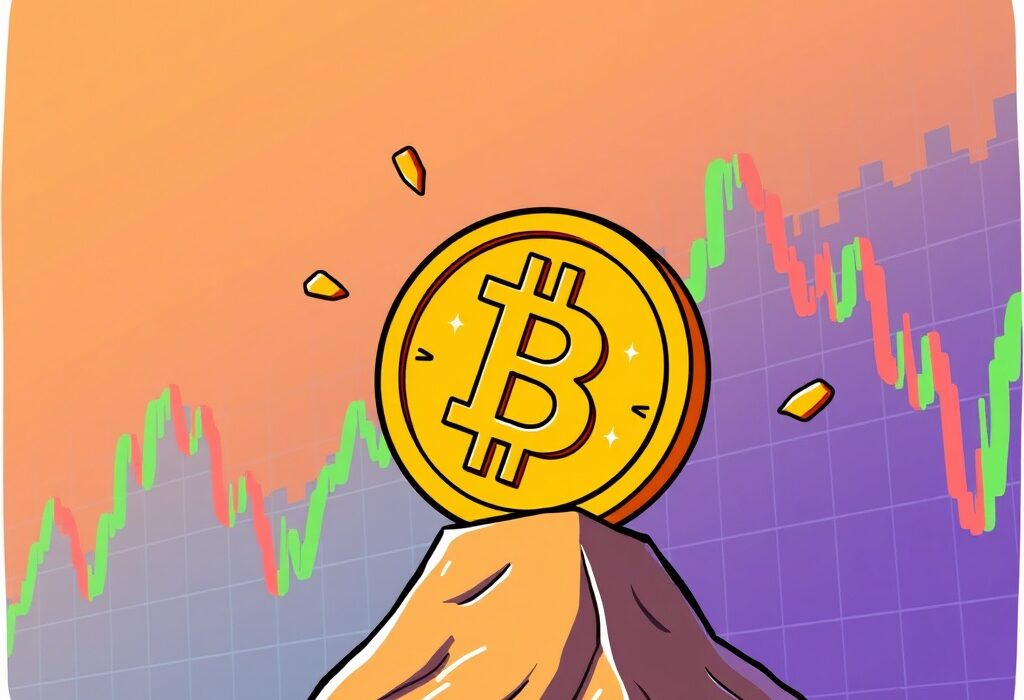 Cartoon showing a significant Bitcoin price fall, symbolizing the recent market decline and cryptocurrency volatility.