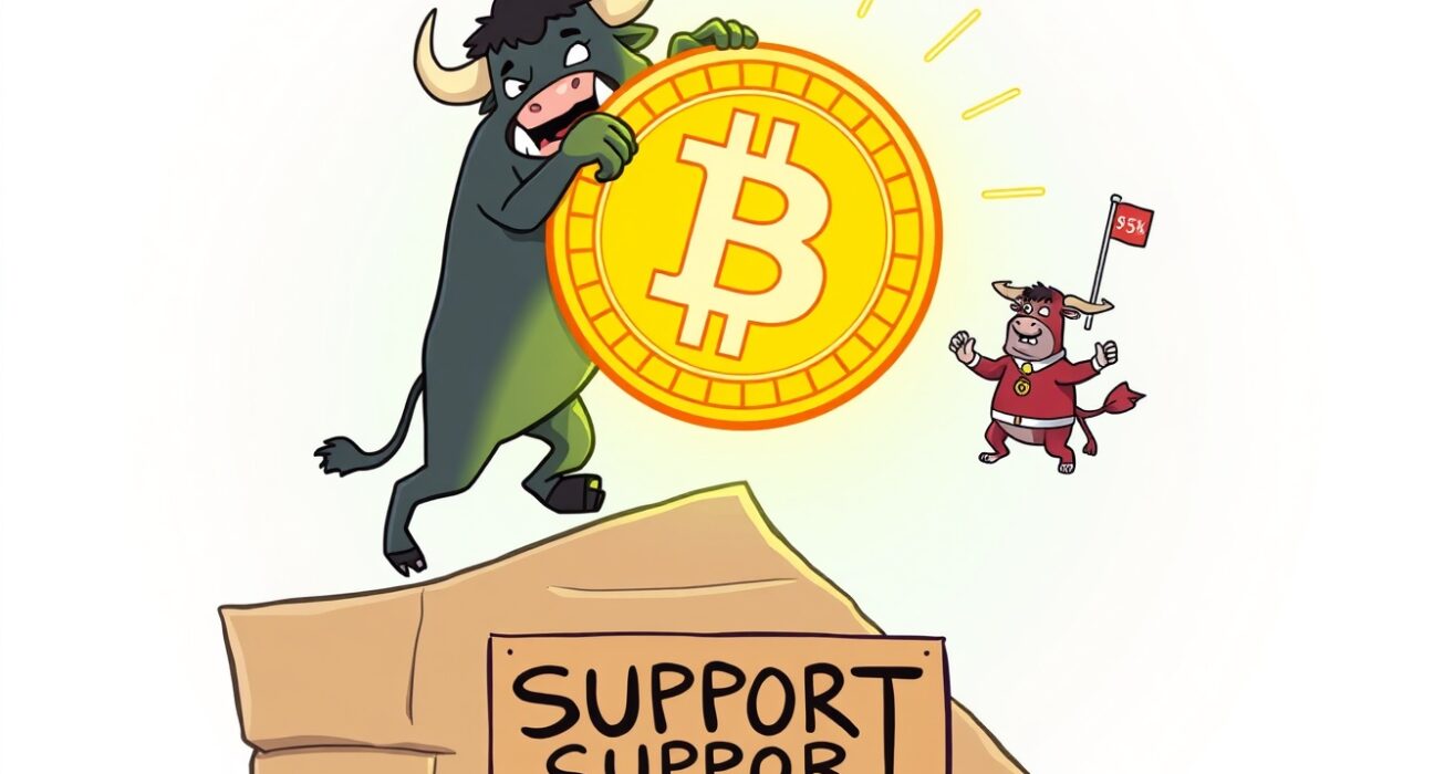 Bitcoin price analysis illustration showing a bull pushing a BTC coin toward the $100K resistance level.