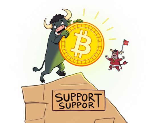 Bitcoin price analysis illustration showing a bull pushing a BTC coin toward the $100K resistance level.