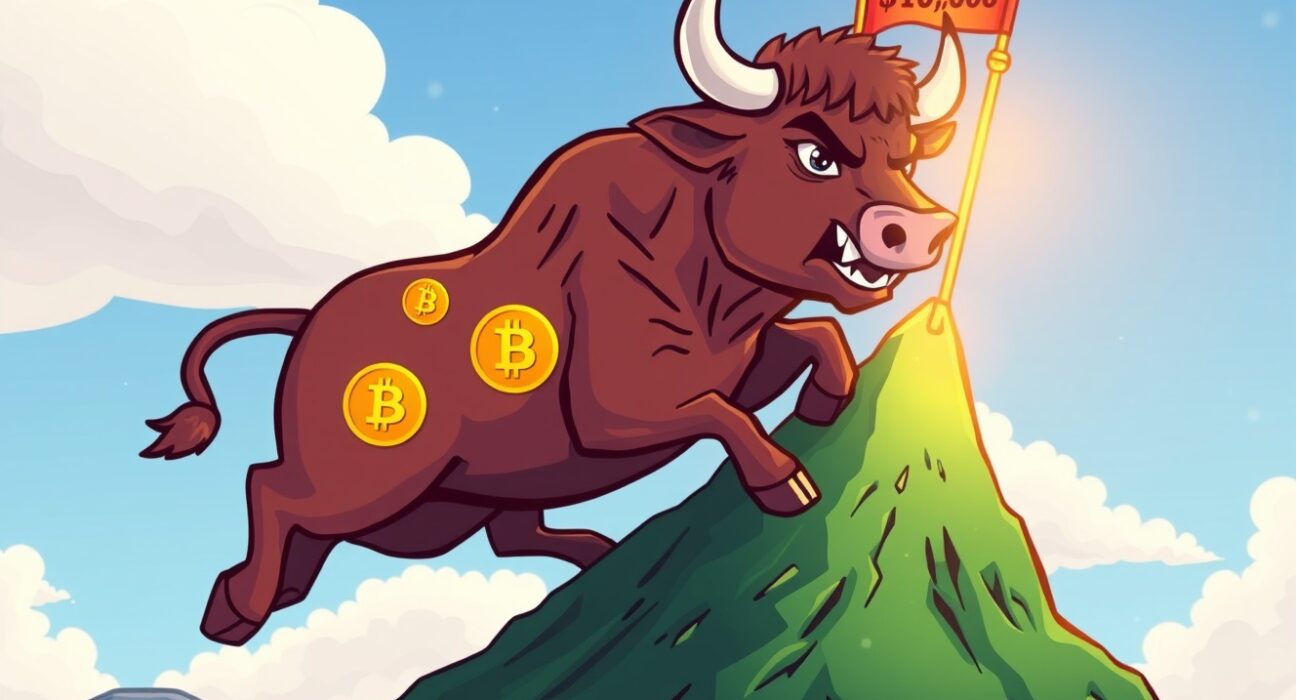 A bullish cartoon Bitcoin charging toward the $100,000 price target in our Bitcoin price analysis.