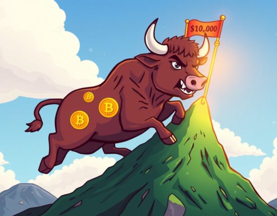 A bullish cartoon Bitcoin charging toward the $100,000 price target in our Bitcoin price analysis.
