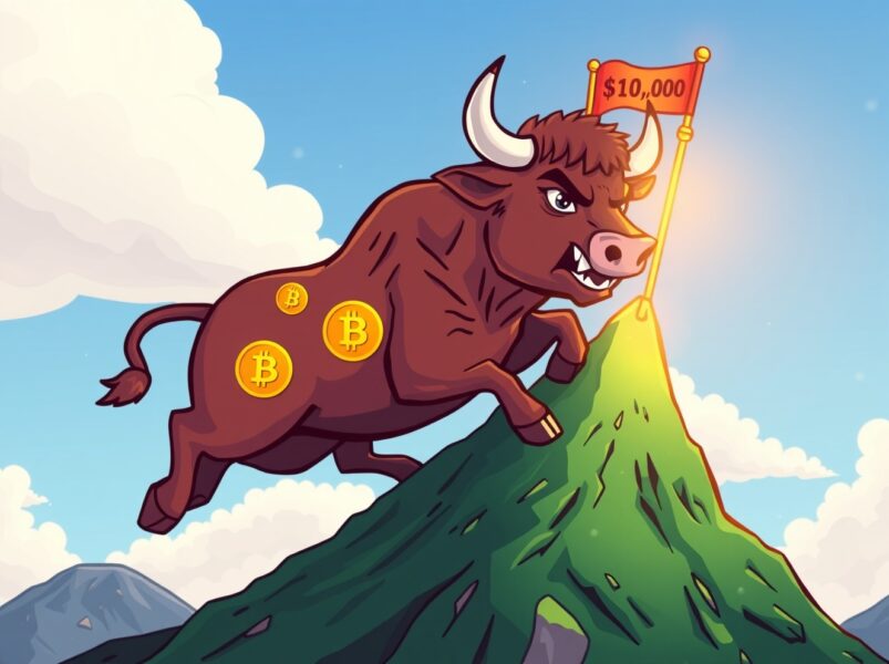 A bullish cartoon Bitcoin charging toward the $100,000 price target in our Bitcoin price analysis.