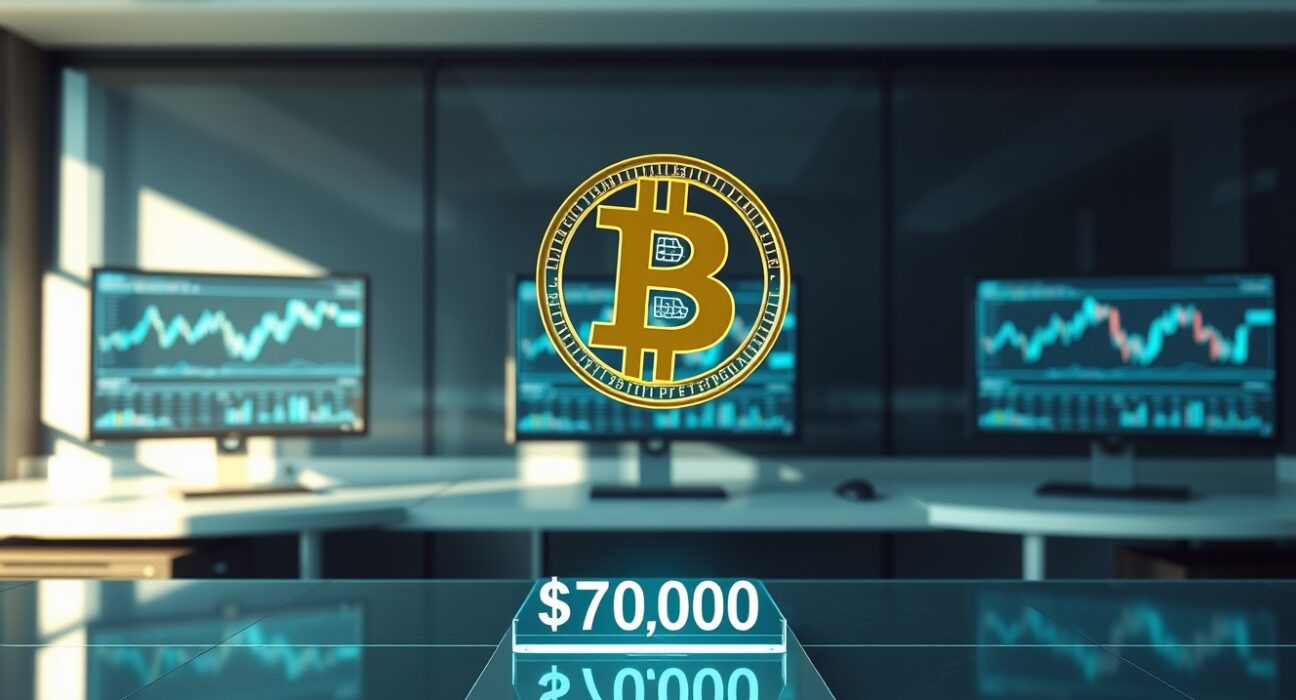 Bitcoin symbol above $70K support level in financial analysis context