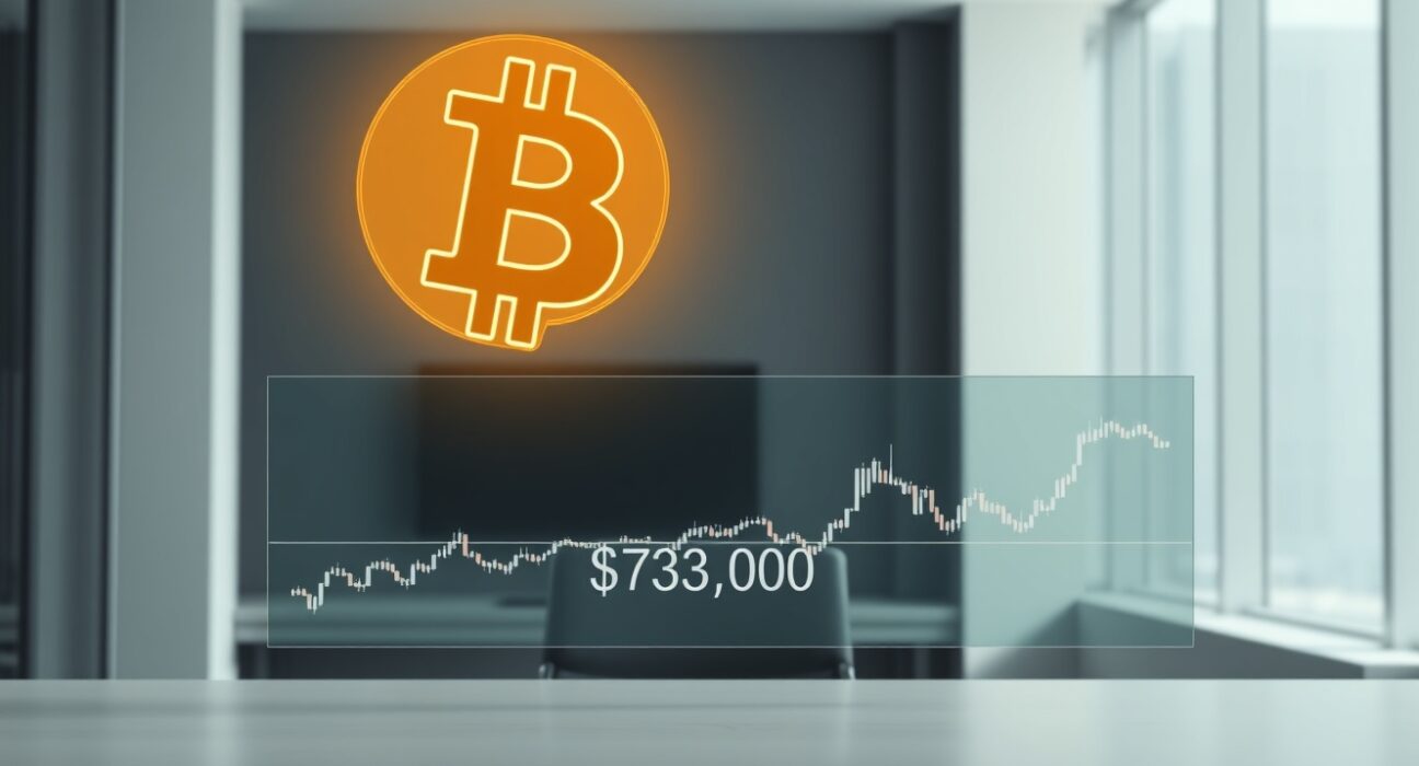 Bitcoin symbol at a critical $73,000 support level on a financial chart, representing a decisive market moment.
