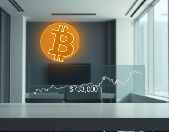 Bitcoin symbol at a critical $73,000 support level on a financial chart, representing a decisive market moment.