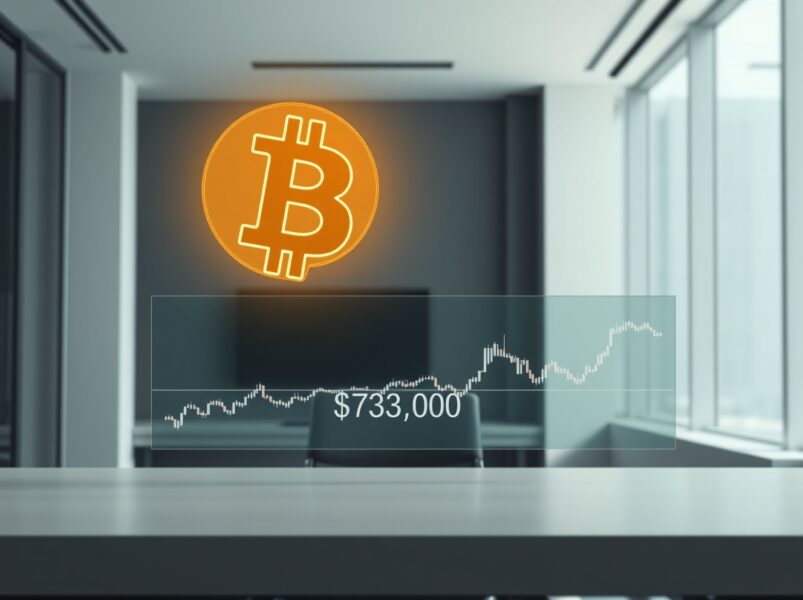 Bitcoin symbol at a critical $73,000 support level on a financial chart, representing a decisive market moment.