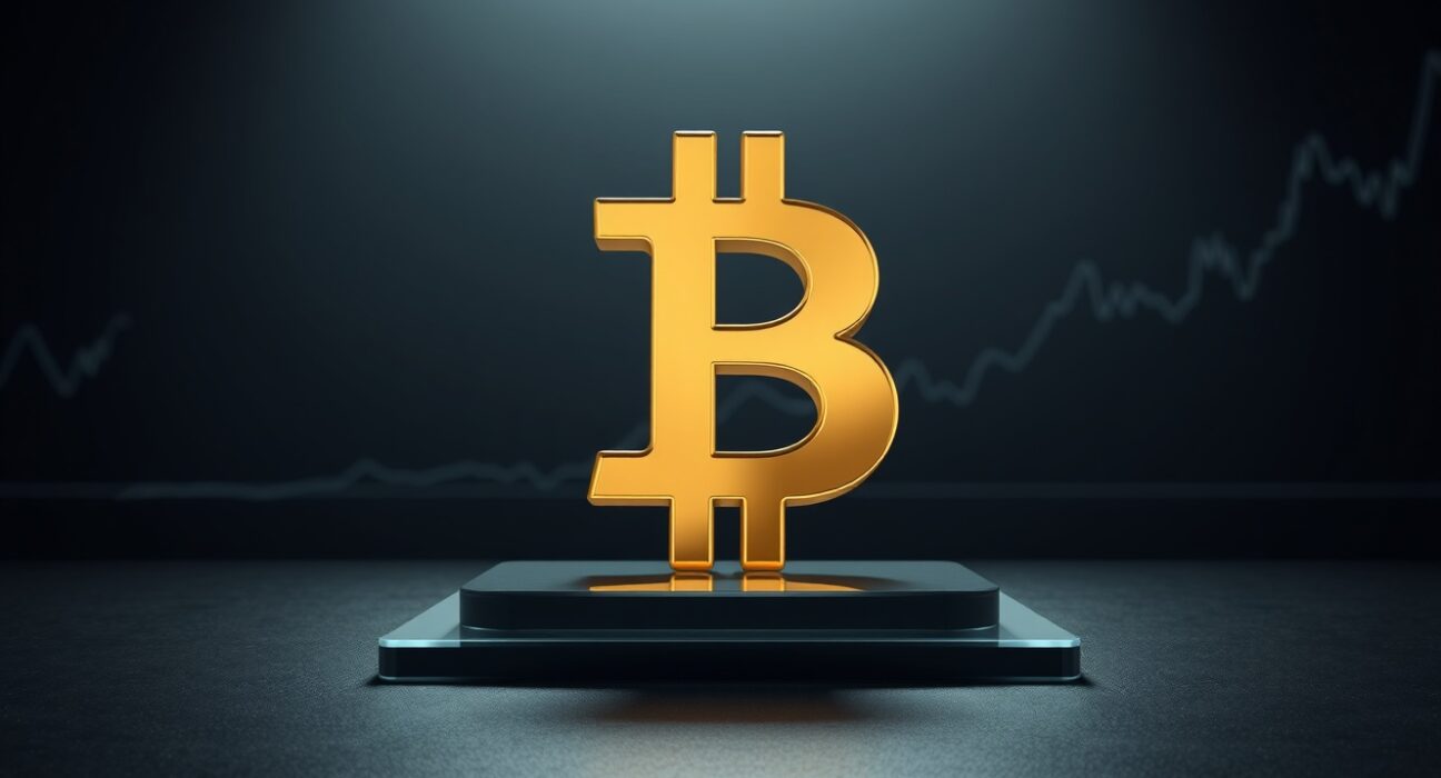 Bitcoin symbol standing firm on a support platform, representing the critical $73.5K price level analysis.