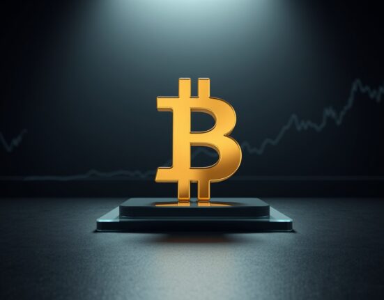 Bitcoin symbol standing firm on a support platform, representing the critical $73.5K price level analysis.