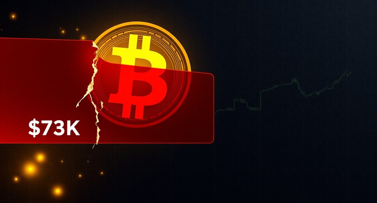 Bitcoin symbol faces critical $73,000 resistance barrier in market analysis