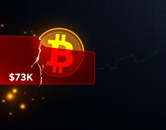Bitcoin symbol faces critical $73,000 resistance barrier in market analysis