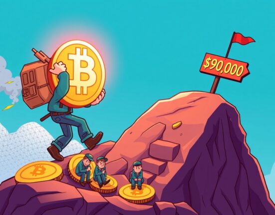 Bitcoin price analysis visualized as miners pushing coin up hill to $90K target