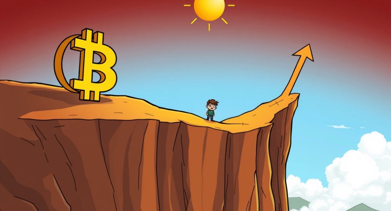 A cartoon illustration depicting Bitcoin at a critical juncture, symbolizing the urgent Bitcoin price analysis and potential market movements.