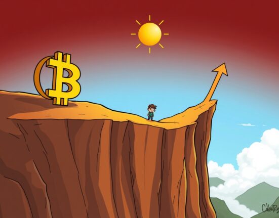 A cartoon illustration depicting Bitcoin at a critical juncture, symbolizing the urgent Bitcoin price analysis and potential market movements.