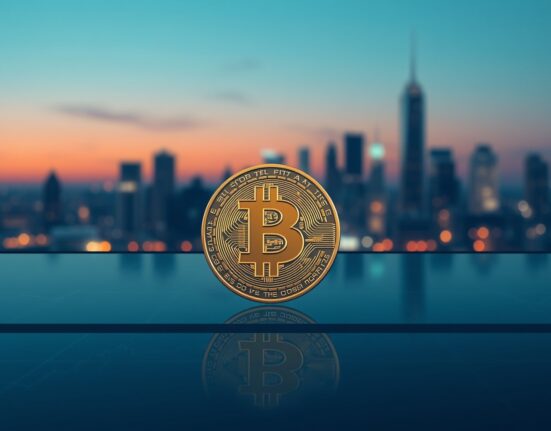 Bitcoin market analysis showing digital coin with transparent chart data reflecting current stabilization trends.