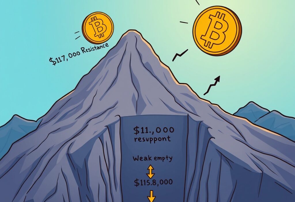 A cartoon illustration showing Bitcoin facing strong resistance, visualizing key Bitcoin price analysis and support levels.