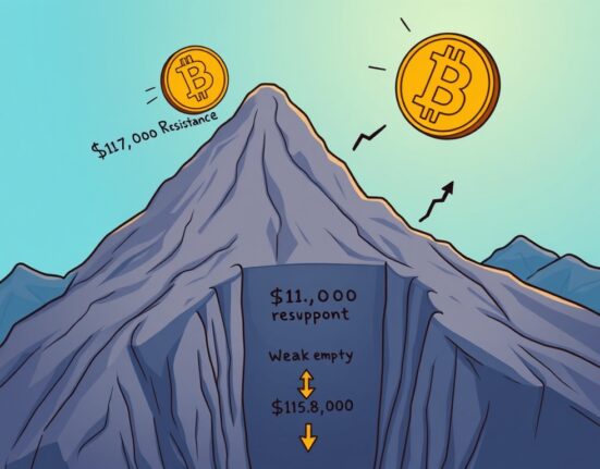 A cartoon illustration showing Bitcoin facing strong resistance, visualizing key Bitcoin price analysis and support levels.