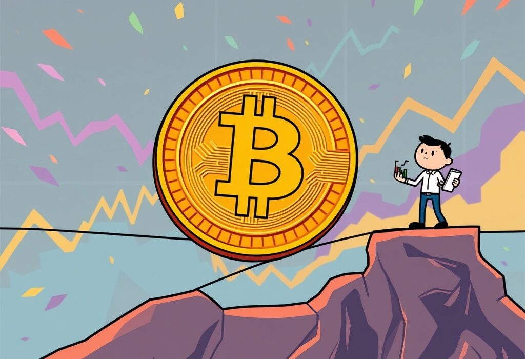 A cartoon illustrating a Bitcoin price prediction, showing a potential BTC price drop if technical indicators break down.