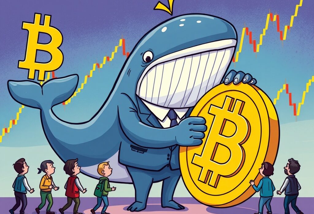 A cartoon whale influencing Bitcoin price analysis, symbolizing large investor impact on market volatility and potential dips.