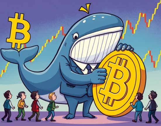 A cartoon whale influencing Bitcoin price analysis, symbolizing large investor impact on market volatility and potential dips.