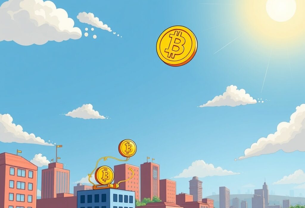 A vibrant cartoon depicting the Bitcoin price reaching new heights, symbolizing a significant BTC rally in the cryptocurrency market.