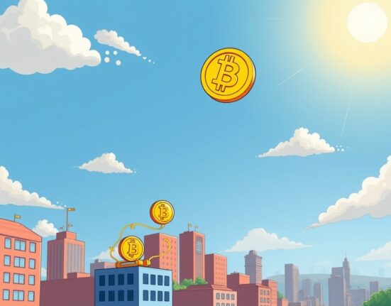 A vibrant cartoon depicting the Bitcoin price reaching new heights, symbolizing a significant BTC rally in the cryptocurrency market.