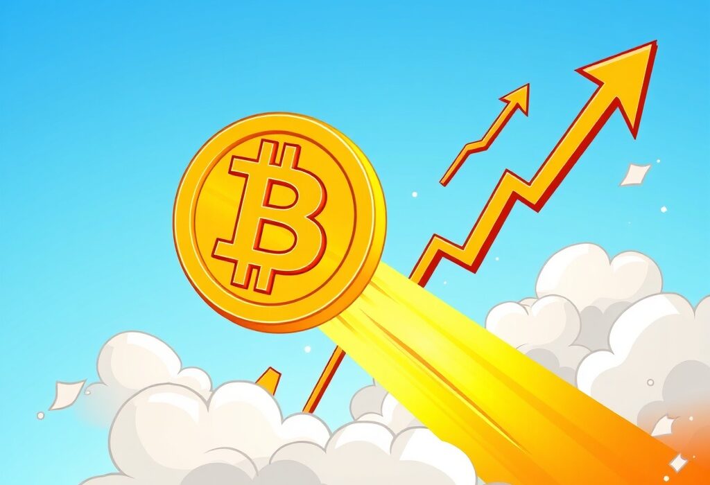 A vibrant cartoon illustration depicting the strong Bitcoin price surge, with a golden BTC soaring high amidst market charts.