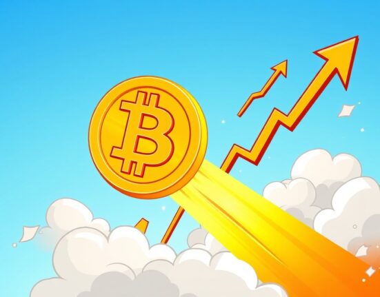 A vibrant cartoon illustration depicting the strong Bitcoin price surge, with a golden BTC soaring high amidst market charts.