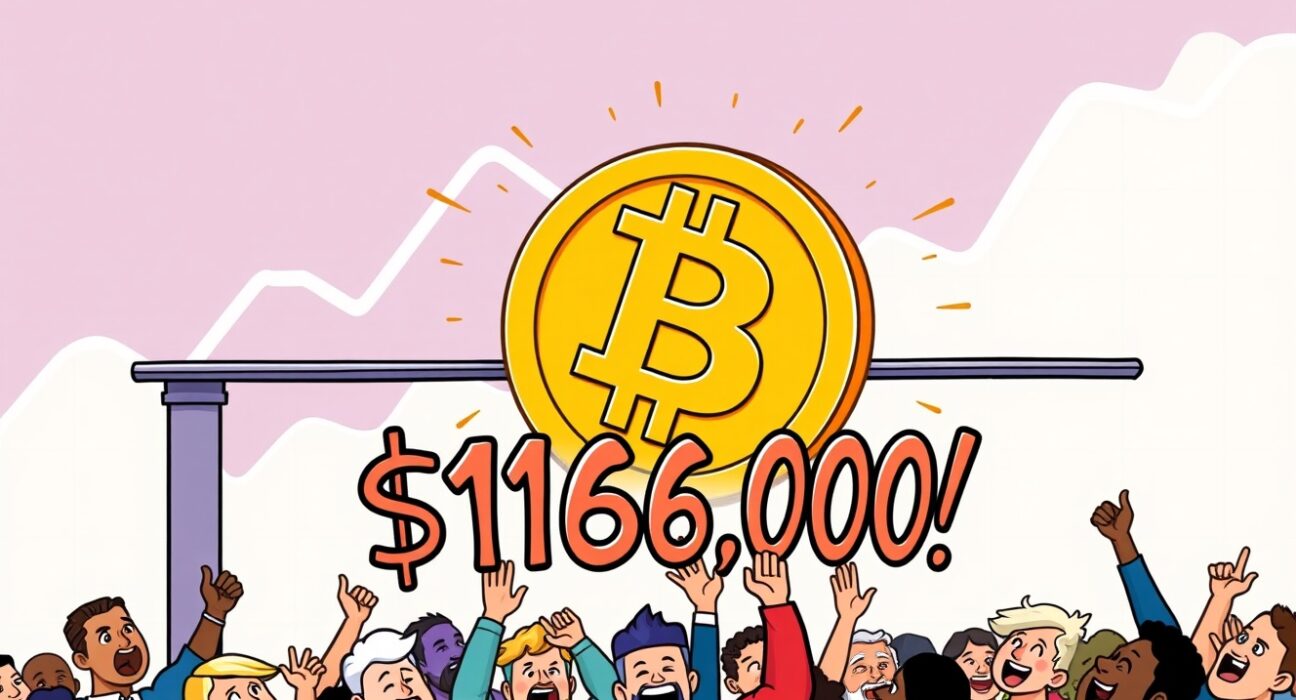 A cartoon Bitcoin coin breaking through a $116,000 barrier, symbolizing the significant rise in Bitcoin price.