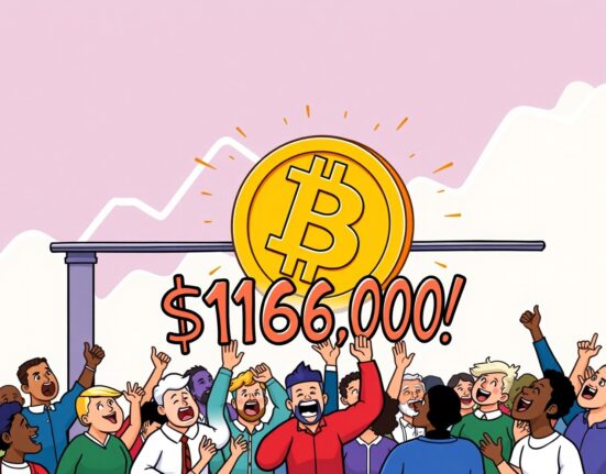 A cartoon Bitcoin coin breaking through a $116,000 barrier, symbolizing the significant rise in Bitcoin price.