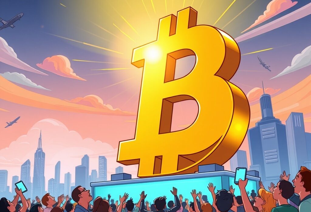 A vibrant cartoon illustration depicting Bitcoin's price soaring past $118,000, symbolizing market growth and investor excitement.