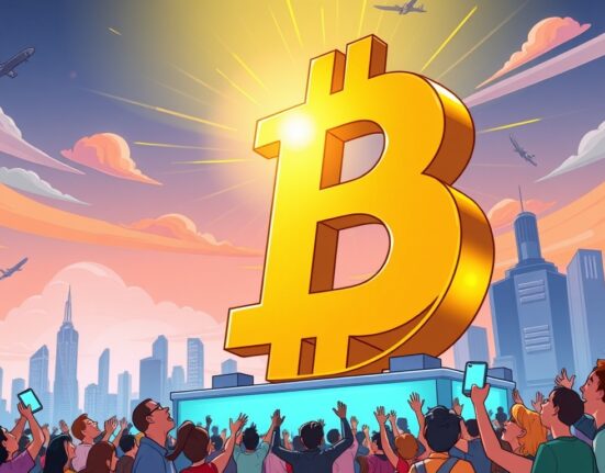 A cartoon illustration showing the remarkable Bitcoin price surge with BTC soaring above $113,000, symbolizing market excitement and financial milestones.