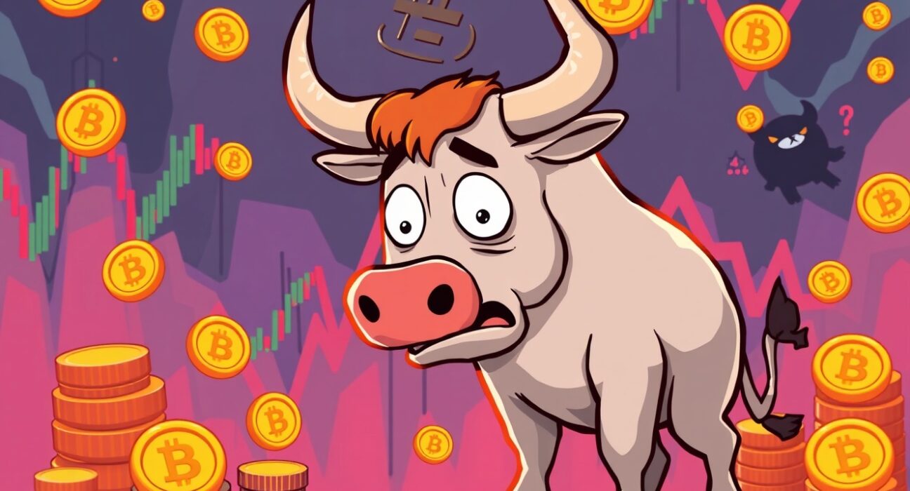 Cartoon illustration showing bearish sentiment affecting Bitcoin price with falling coins and charts