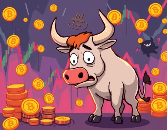 Cartoon illustration showing bearish sentiment affecting Bitcoin price with falling coins and charts
