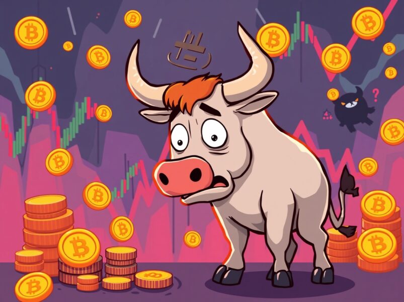 Cartoon illustration showing bearish sentiment affecting Bitcoin price with falling coins and charts