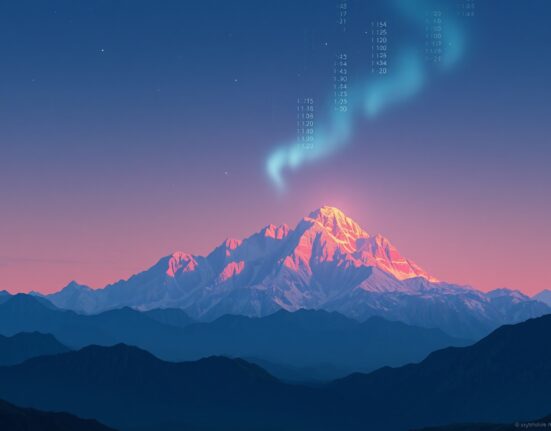 Bitcoin market decline visualized as digital mountains under twilight sky